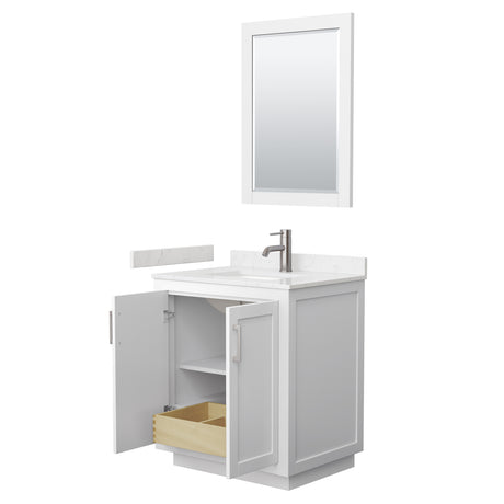 Miranda 30 Inch Single Bathroom Vanity in White Carrara Cultured Marble Countertop Undermount Square Sink Brushed Nickel Trim 24 Inch Mirror