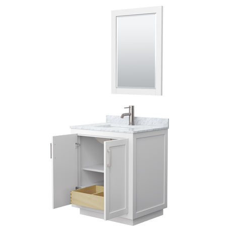 Miranda 30 Inch Single Bathroom Vanity in White White Carrara Marble Countertop Undermount Square Sink Brushed Nickel Trim 24 Inch Mirror
