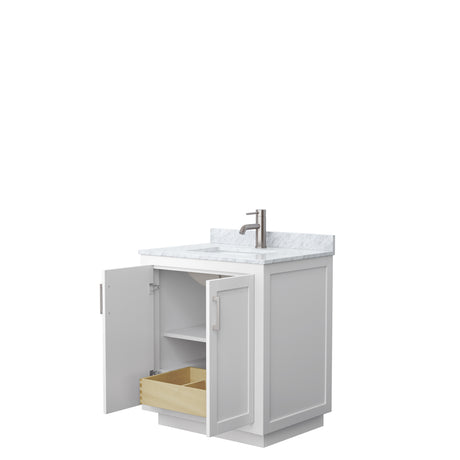Miranda 30 Inch Single Bathroom Vanity in White White Carrara Marble Countertop Undermount Square Sink Brushed Nickel Trim
