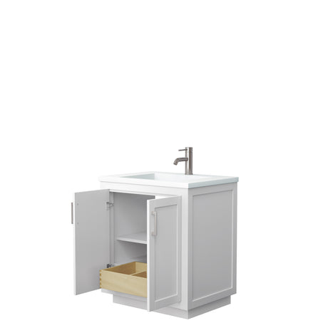 Miranda 30 Inch Single Bathroom Vanity in White 1.25 Inch Thick Matte White Solid Surface Countertop Integrated Sink Brushed Nickel Trim