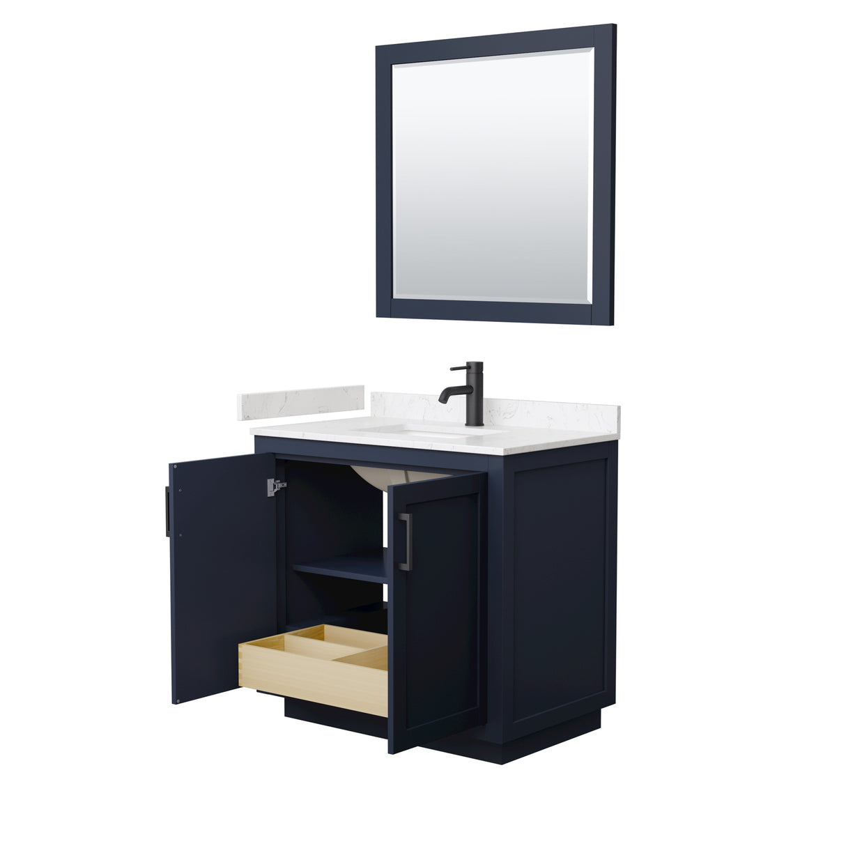 Miranda 36 Inch Single Bathroom Vanity in Dark Blue Carrara Cultured Marble Countertop Undermount Square Sink Matte Black Trim 34 Inch Mirror