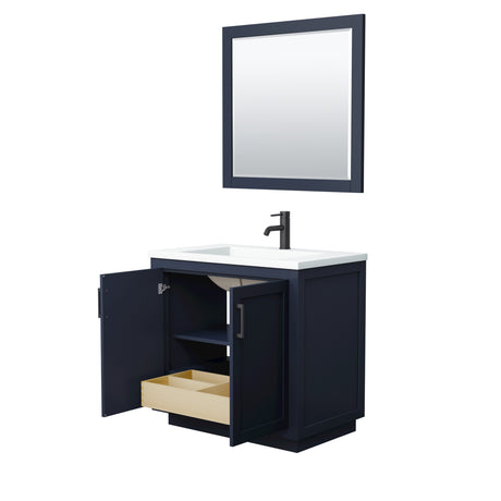 Miranda 36 Inch Single Bathroom Vanity in Dark Blue 1.25 Inch Thick Matte White Solid Surface Countertop Integrated Sink Matte Black Trim 34 Inch Mirror
