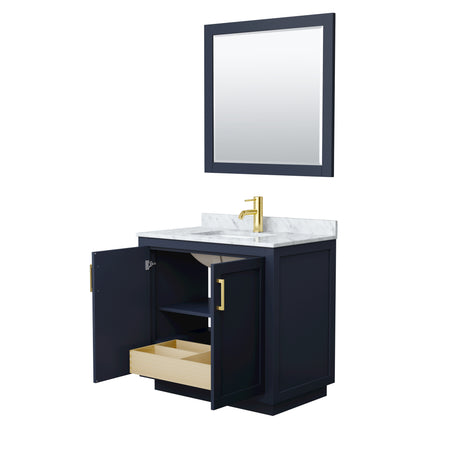 Miranda 36 Inch Single Bathroom Vanity in Dark Blue White Carrara Marble Countertop Undermount Square Sink Brushed Gold Trim 34 Inch Mirror