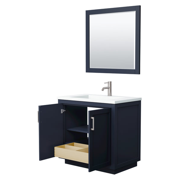 Miranda 36 Inch Single Bathroom Vanity in Dark Blue 1.25 Inch Thick Matte White Solid Surface Countertop Integrated Sink Brushed Nickel Trim 34 Inch Mirror