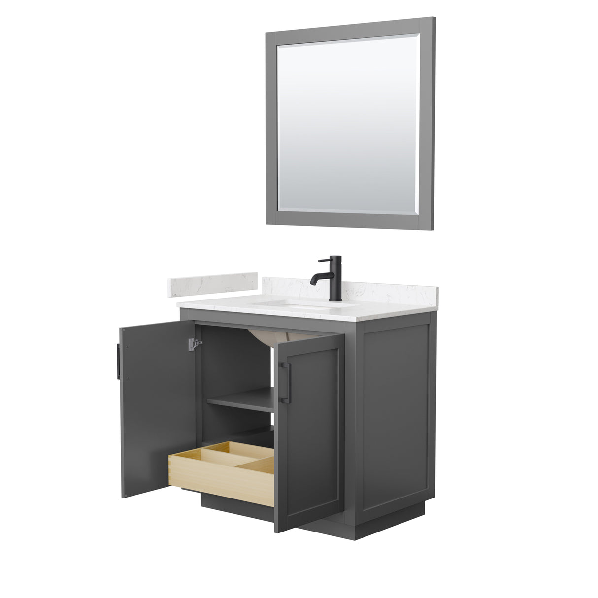 Miranda 36 Inch Single Bathroom Vanity in Dark Gray Carrara Cultured Marble Countertop Undermount Square Sink Matte Black Trim 34 Inch Mirror