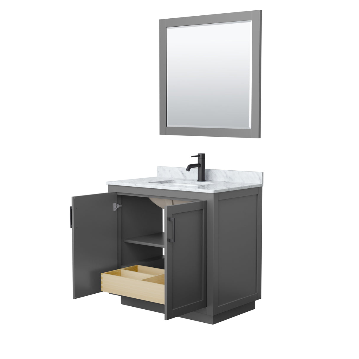 Miranda 36 Inch Single Bathroom Vanity in Dark Gray White Carrara Marble Countertop Undermount Square Sink Matte Black Trim 34 Inch Mirror