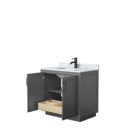 Miranda 36 Inch Single Bathroom Vanity in Dark Gray White Carrara Marble Countertop Undermount Square Sink Matte Black Trim