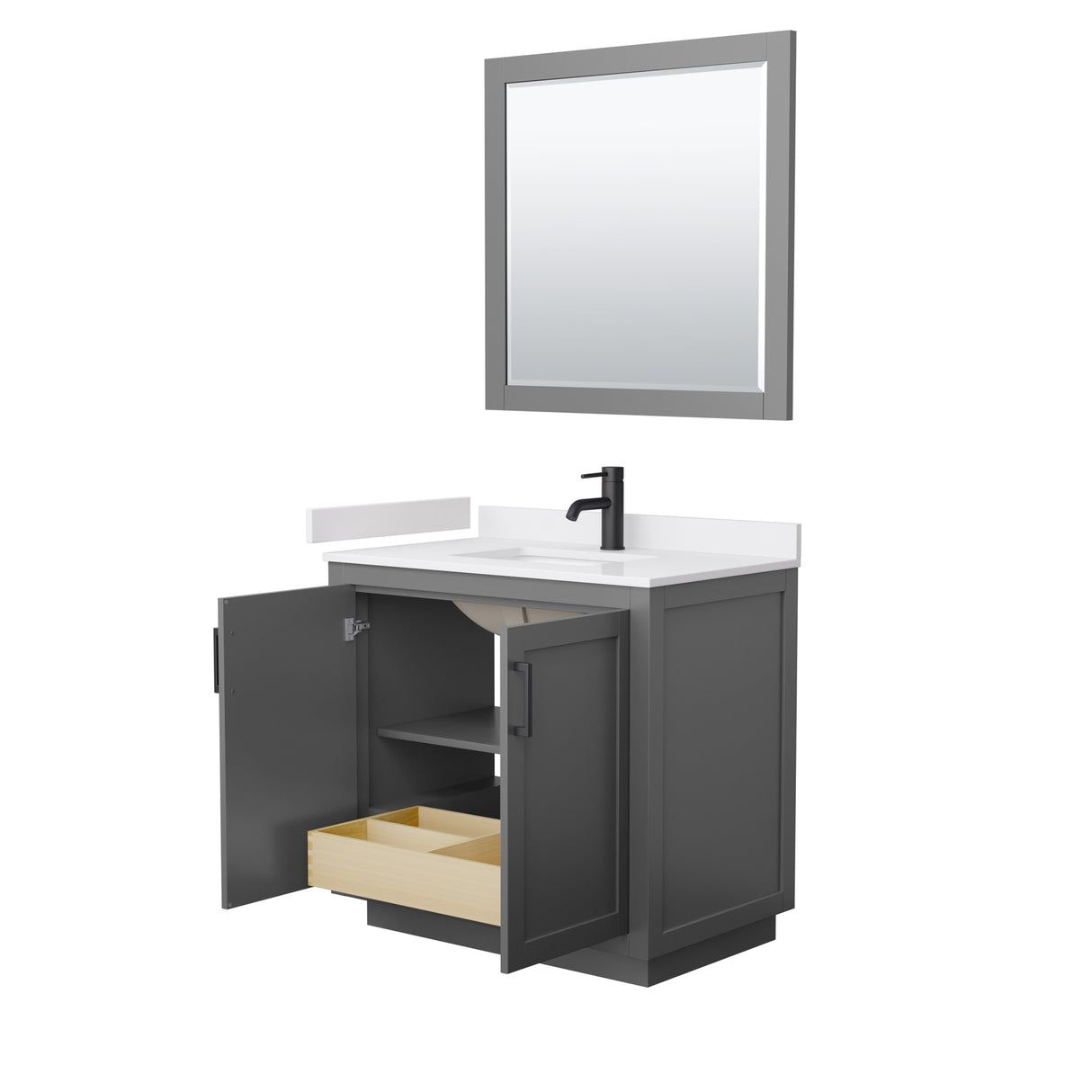 Miranda 36 Inch Single Bathroom Vanity in Dark Gray White Cultured Marble Countertop Undermount Square Sink Matte Black Trim 34 Inch Mirror