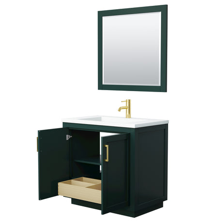 Miranda 36 Inch Single Bathroom Vanity in Green 1.25 Inch Thick Matte White Solid Surface Countertop Integrated Sink Brushed Gold Trim 34 Inch Mirror