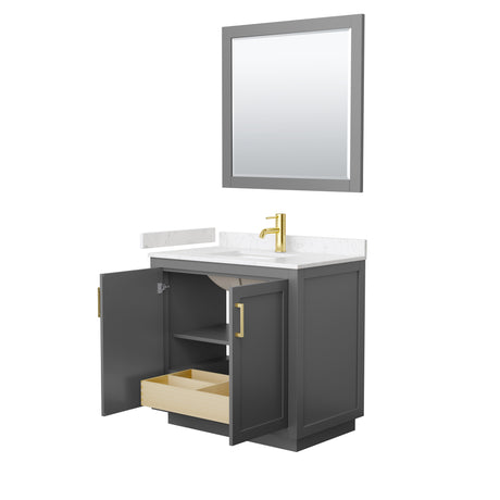 Miranda 36 Inch Single Bathroom Vanity in Dark Gray Carrara Cultured Marble Countertop Undermount Square Sink Brushed Gold Trim 34 Inch Mirror