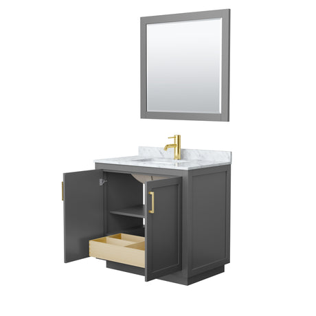 Miranda 36 Inch Single Bathroom Vanity in Dark Gray White Carrara Marble Countertop Undermount Square Sink Brushed Gold Trim 34 Inch Mirror