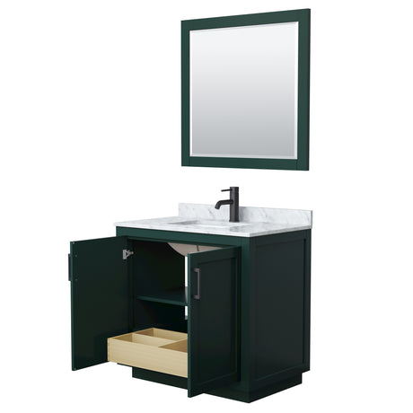 Miranda 36 Inch Single Bathroom Vanity in Green White Carrara Marble Countertop Undermount Square Sink Matte Black Trim 34 Inch Mirror