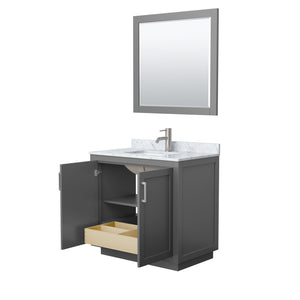 Miranda 36 Inch Single Bathroom Vanity in Dark Gray White Carrara Marble Countertop Undermount Square Sink Brushed Nickel Trim 34 Inch Mirror