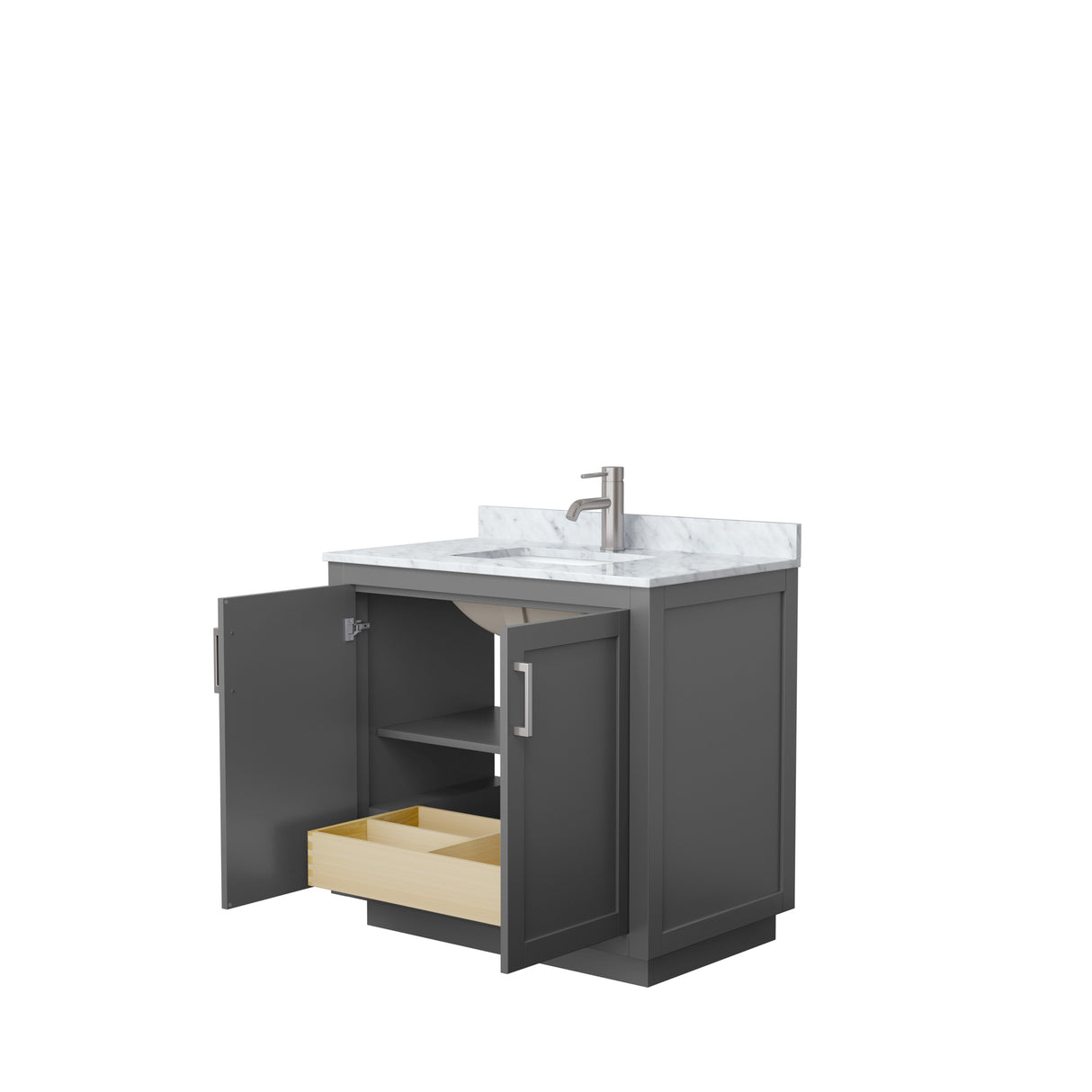 Miranda 36 Inch Single Bathroom Vanity in Dark Gray White Carrara Marble Countertop Undermount Square Sink Brushed Nickel Trim