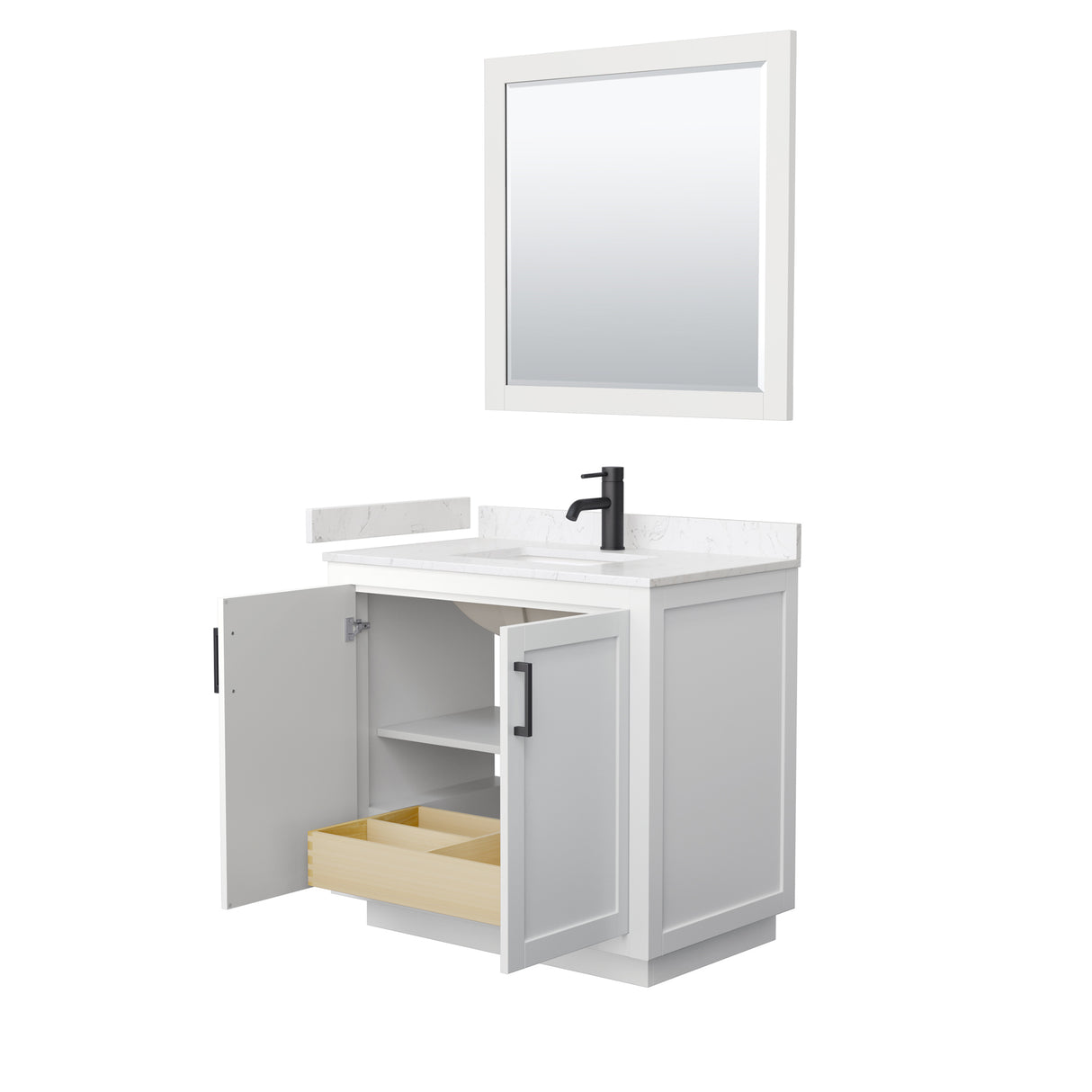 Miranda 36 Inch Single Bathroom Vanity in White Carrara Cultured Marble Countertop Undermount Square Sink Matte Black Trim 34 Inch Mirror