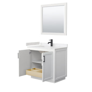 Miranda 36 Inch Single Bathroom Vanity in White Carrara Cultured Marble Countertop Undermount Square Sink Matte Black Trim 34 Inch Mirror