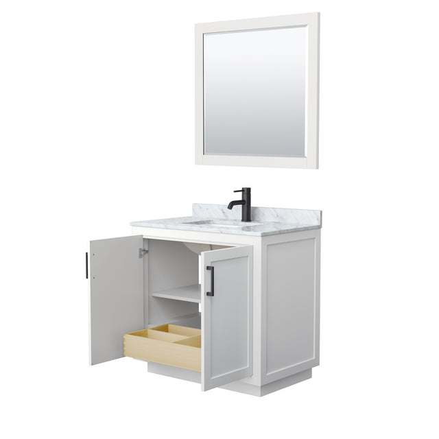 Miranda 36 Inch Single Bathroom Vanity in White White Carrara Marble Countertop Undermount Square Sink Matte Black Trim 34 Inch Mirror