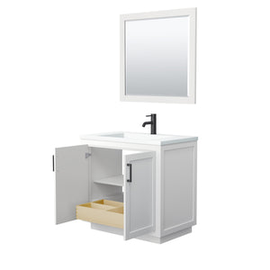 Miranda 36 Inch Single Bathroom Vanity in White 1.25 Inch Thick Matte White Solid Surface Countertop Integrated Sink Matte Black Trim 34 Inch Mirror