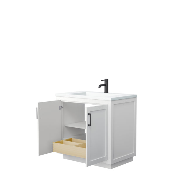 Miranda 36 Inch Single Bathroom Vanity in White 1.25 Inch Thick Matte White Solid Surface Countertop Integrated Sink Matte Black Trim