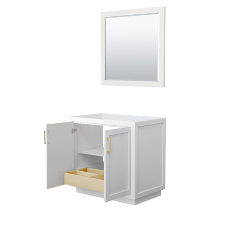 Miranda 36 Inch Single Bathroom Vanity in White No Countertop No Sink Brushed Gold Trim 34 Inch Mirror