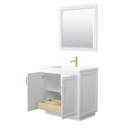 Miranda 36 Inch Single Bathroom Vanity in White 1.25 Inch Thick Matte White Solid Surface Countertop Integrated Sink Brushed Gold Trim 34 Inch Mirror