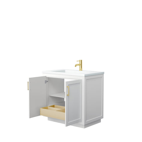 Miranda 36 Inch Single Bathroom Vanity in White 1.25 Inch Thick Matte White Solid Surface Countertop Integrated Sink Brushed Gold Trim
