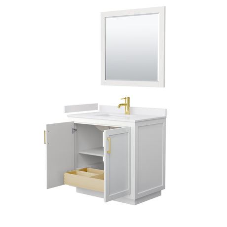 Miranda 36 Inch Single Bathroom Vanity in White White Cultured Marble Countertop Undermount Square Sink Brushed Gold Trim 34 Inch Mirror