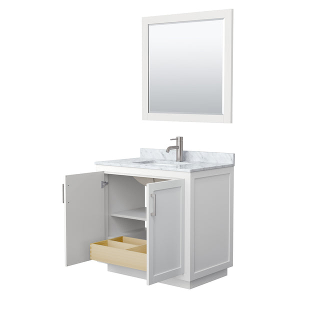 Miranda 36 Inch Single Bathroom Vanity in White White Carrara Marble Countertop Undermount Square Sink Brushed Nickel Trim 34 Inch Mirror