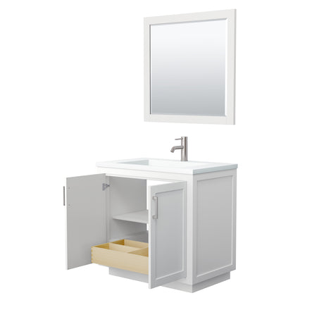 Miranda 36 Inch Single Bathroom Vanity in White 1.25 Inch Thick Matte White Solid Surface Countertop Integrated Sink Brushed Nickel Trim 34 Inch Mirror