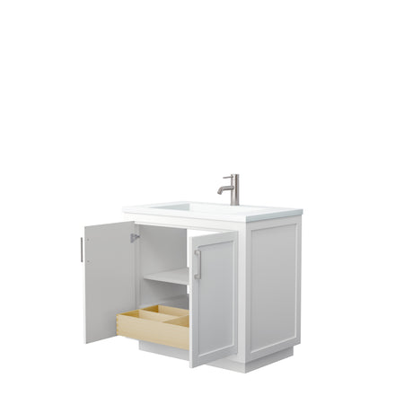 Miranda 36 Inch Single Bathroom Vanity in White 1.25 Inch Thick Matte White Solid Surface Countertop Integrated Sink Brushed Nickel Trim