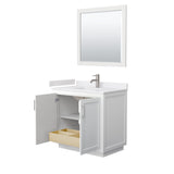 Miranda 36 Inch Single Bathroom Vanity in White White Cultured Marble Countertop Undermount Square Sink Brushed Nickel Trim 34 Inch Mirror