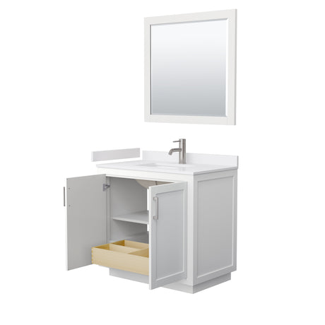 Miranda 36 Inch Single Bathroom Vanity in White White Cultured Marble Countertop Undermount Square Sink Brushed Nickel Trim 34 Inch Mirror
