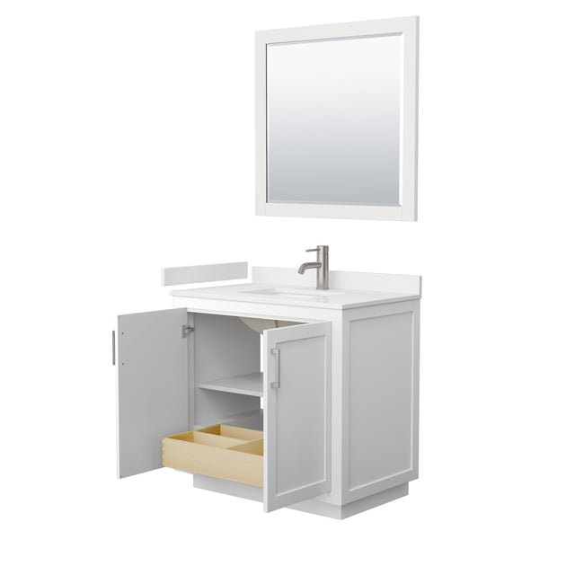Miranda 36 Inch Single Bathroom Vanity in White White Cultured Marble Countertop Undermount Square Sink Brushed Nickel Trim 34 Inch Mirror
