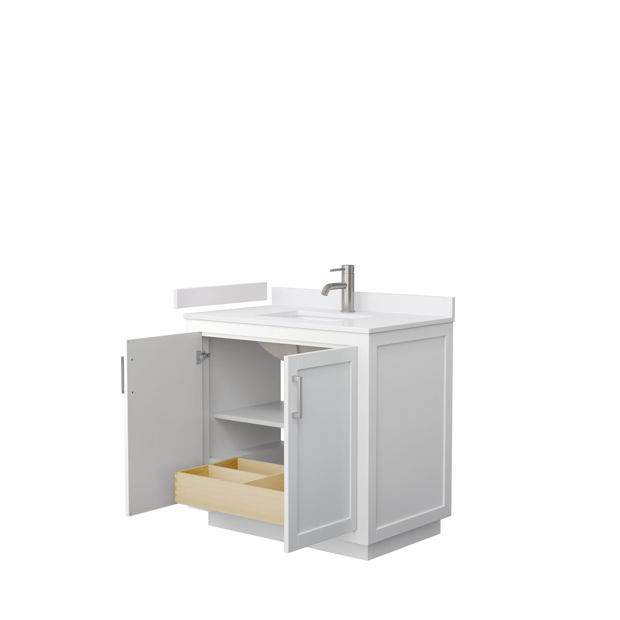 Miranda 36 Inch Single Bathroom Vanity in White White Cultured Marble Countertop Undermount Square Sink Brushed Nickel Trim