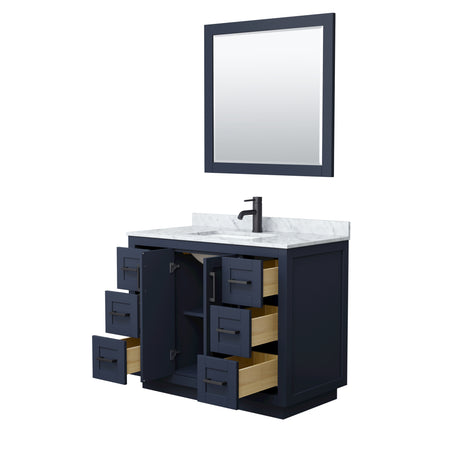 Miranda 42 Inch Single Bathroom Vanity in Dark Blue White Carrara Marble Countertop Undermount Square Sink Matte Black Trim 34 Inch Mirror