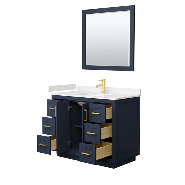 Miranda 42 Inch Single Bathroom Vanity in Dark Blue Carrara Cultured Marble Countertop Undermount Square Sink Brushed Gold Trim 34 Inch Mirror