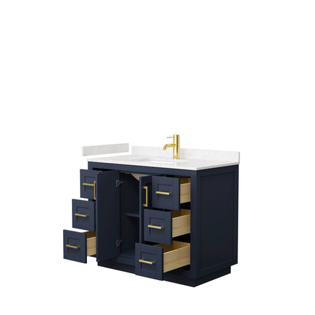 Miranda 42 Inch Single Bathroom Vanity in Dark Blue Carrara Cultured Marble Countertop Undermount Square Sink Brushed Gold Trim