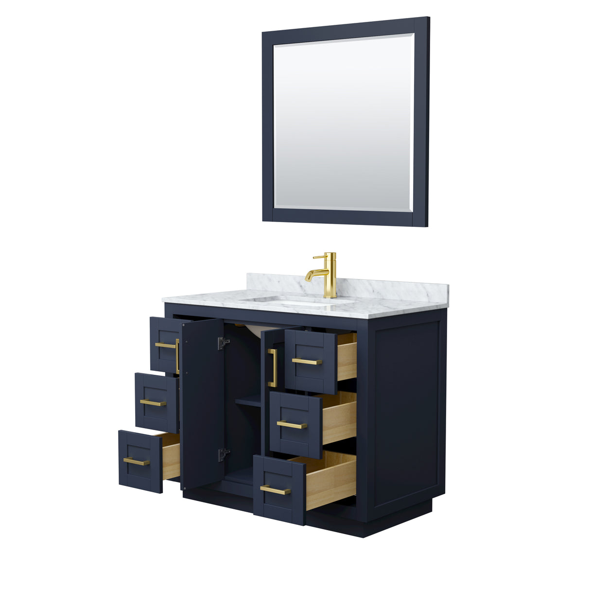 Miranda 42 Inch Single Bathroom Vanity in Dark Blue White Carrara Marble Countertop Undermount Square Sink Brushed Gold Trim 34 Inch Mirror