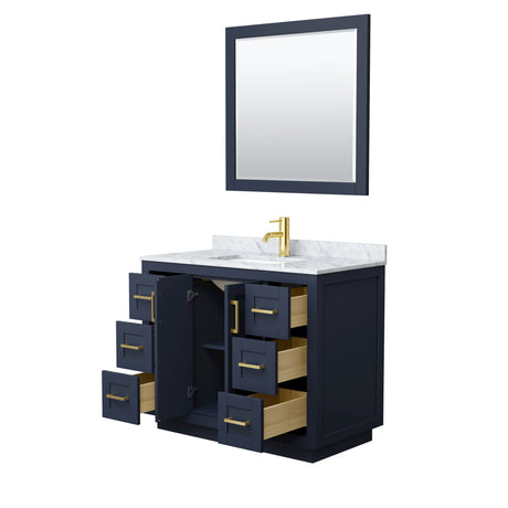 Miranda 42 Inch Single Bathroom Vanity in Dark Blue White Carrara Marble Countertop Undermount Square Sink Brushed Gold Trim 34 Inch Mirror