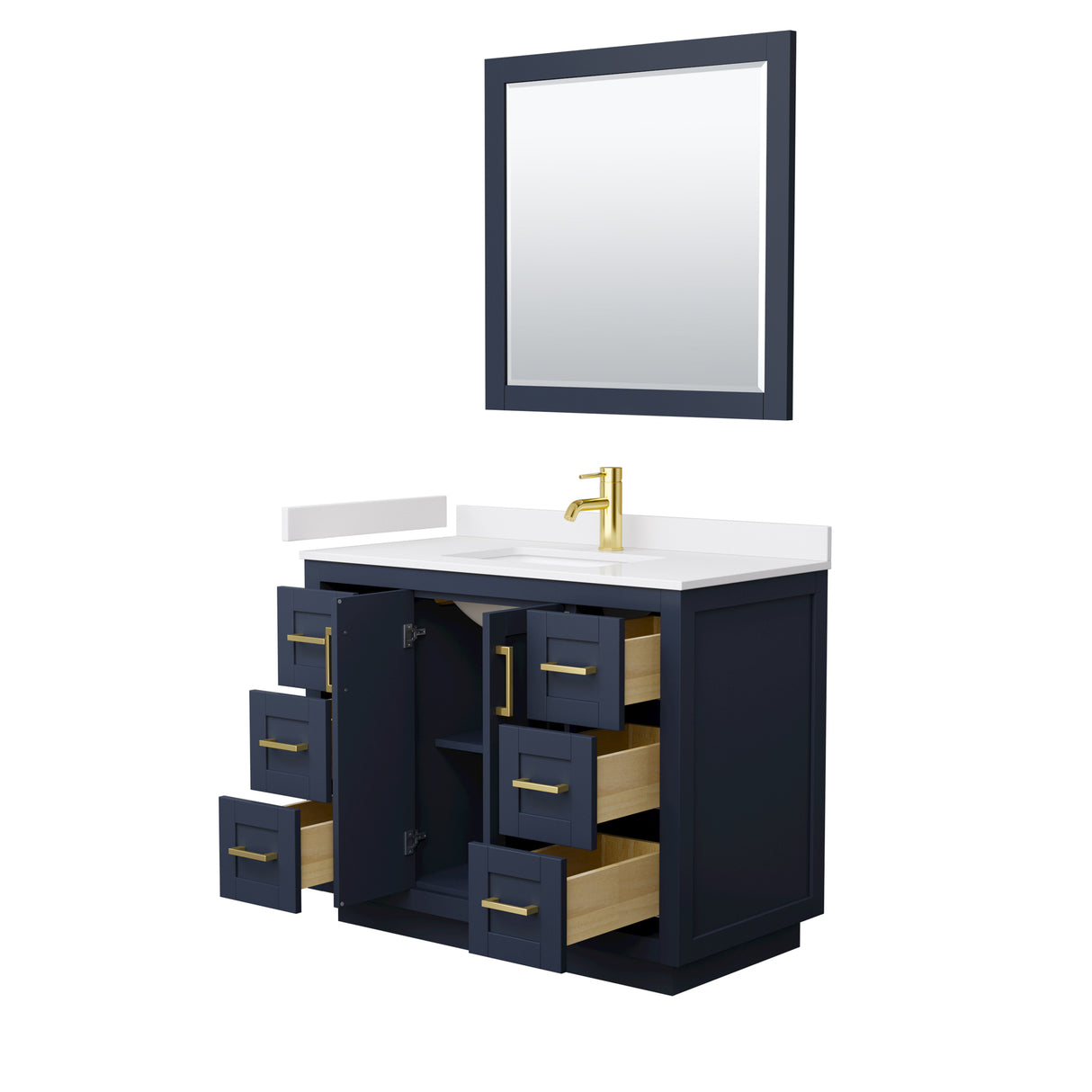 Miranda 42 Inch Single Bathroom Vanity in Dark Blue White Cultured Marble Countertop Undermount Square Sink Brushed Gold Trim 34 Inch Mirror