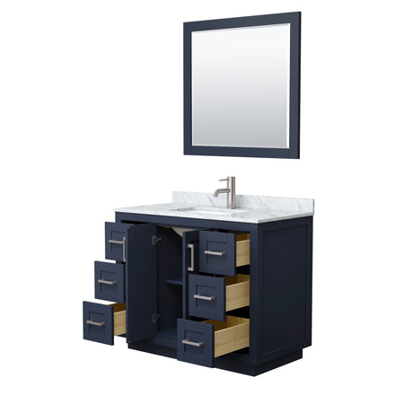 Miranda 42 Inch Single Bathroom Vanity in Dark Blue White Carrara Marble Countertop Undermount Square Sink Brushed Nickel Trim 34 Inch Mirror