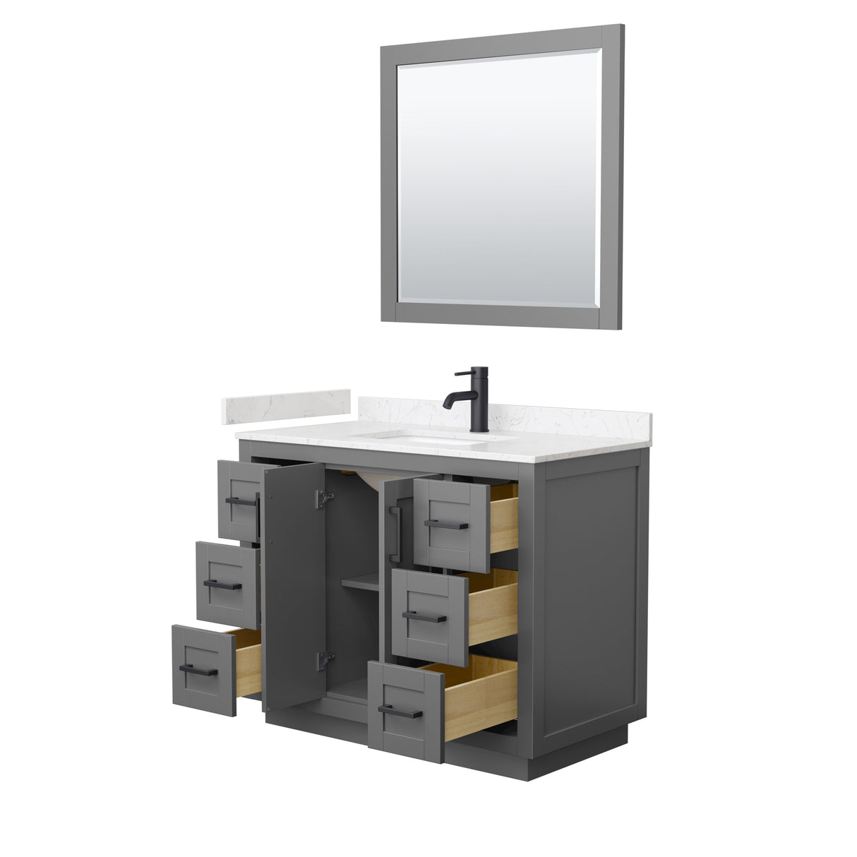 Miranda 42 Inch Single Bathroom Vanity in Dark Gray Carrara Cultured Marble Countertop Undermount Square Sink Matte Black Trim 34 Inch Mirror