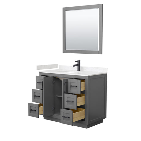 Miranda 42 Inch Single Bathroom Vanity in Dark Gray Carrara Cultured Marble Countertop Undermount Square Sink Matte Black Trim 34 Inch Mirror