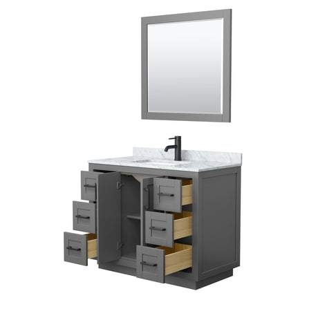 Miranda 42 Inch Single Bathroom Vanity in Dark Gray White Carrara Marble Countertop Undermount Square Sink Matte Black Trim 34 Inch Mirror