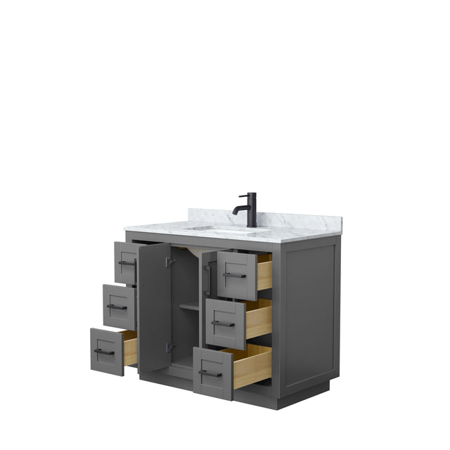 Miranda 42 Inch Single Bathroom Vanity in Dark Gray White Carrara Marble Countertop Undermount Square Sink Matte Black Trim