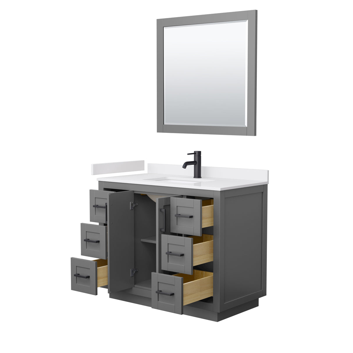 Miranda 42 Inch Single Bathroom Vanity in Dark Gray White Cultured Marble Countertop Undermount Square Sink Matte Black Trim 34 Inch Mirror