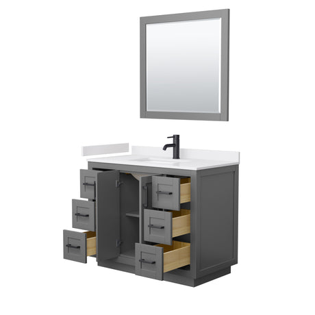 Miranda 42 Inch Single Bathroom Vanity in Dark Gray White Cultured Marble Countertop Undermount Square Sink Matte Black Trim 34 Inch Mirror