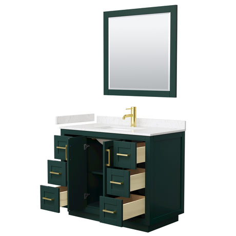 Miranda 42 Inch Single Bathroom Vanity in Green Carrara Cultured Marble Countertop Undermount Square Sink Brushed Gold Trim 34 Inch Mirror