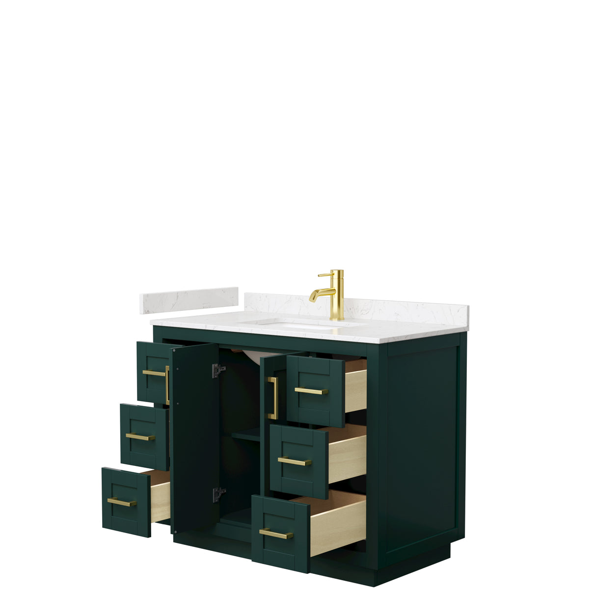 Miranda 42 Inch Single Bathroom Vanity in Green Carrara Cultured Marble Countertop Undermount Square Sink Brushed Gold Trim