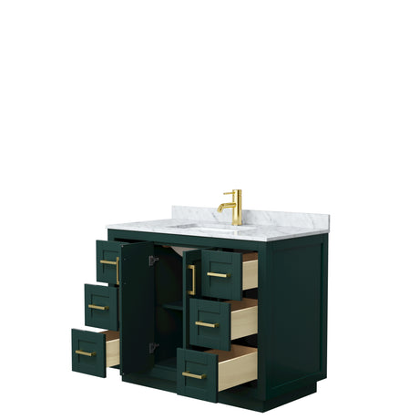 Miranda 42 Inch Single Bathroom Vanity in Green White Carrara Marble Countertop Undermount Square Sink Brushed Gold Trim